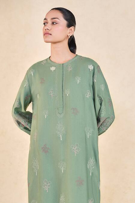 Shop_Grassroot By Anita Dongre_Green Viscose, Silk Embroidery Round Neck Sage Kurta Set_Online_at_Aza_Fashions