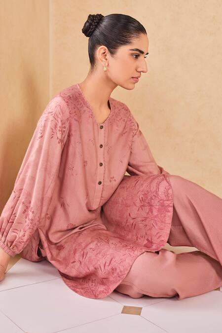 Grassroot By Anita Dongre_Pink Viscose, Silk Embroidery Round Neck Floral Print Kurta And Pant Set_Online_at_Aza_Fashions