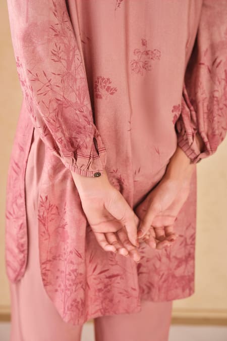 Shop_Grassroot By Anita Dongre_Pink Viscose, Silk Embroidery Round Neck Floral Print Kurta And Pant Set_Online_at_Aza_Fashions