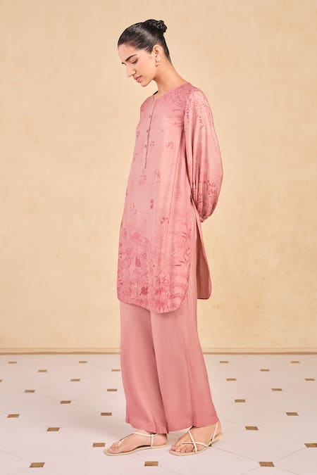 Grassroot By Anita Dongre_Pink Viscose, Silk Embroidery Round Neck Floral Print Kurta And Pant Set_at_Aza_Fashions
