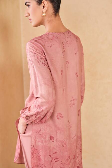 Buy_Grassroot By Anita Dongre_Pink Viscose, Silk Embroidery Round Neck Floral Print Kurta And Pant Set