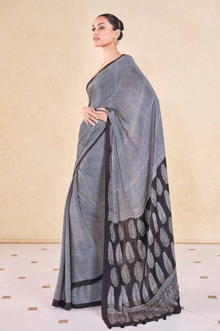 Shop_Grassroot By Anita Dongre_Black Viscose, Modal Korat Ajrakh Print Saree And Unstitched Blouse Piece_Online_at_Aza_Fashions