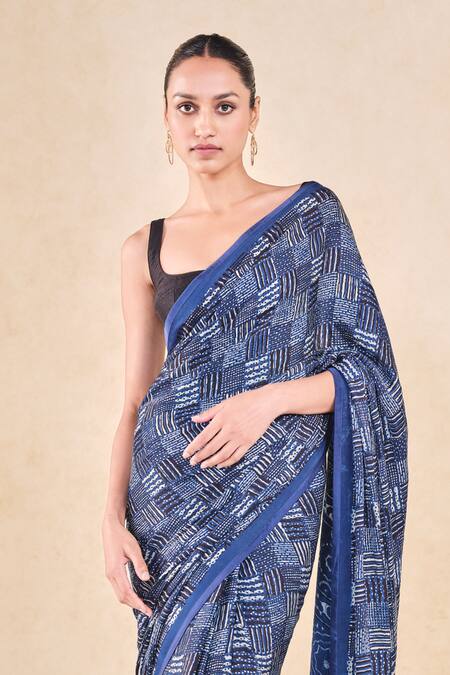 Grassroot By Anita Dongre_Blue Viscose, Modal Abstract Print Saree And Unstitched Blouse_Online_at_Aza_Fashions