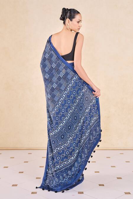 Shop_Grassroot By Anita Dongre_Blue Viscose, Modal Abstract Print Saree And Unstitched Blouse_at_Aza_Fashions