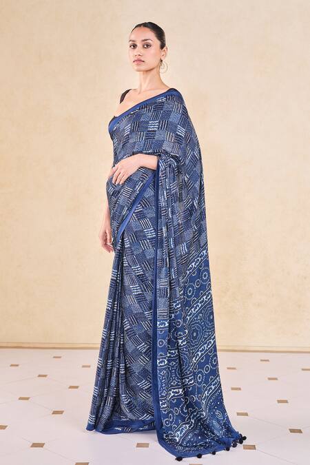 Buy_Grassroot By Anita Dongre_Blue Viscose, Modal Abstract Print Saree And Unstitched Blouse_Online_at_Aza_Fashions