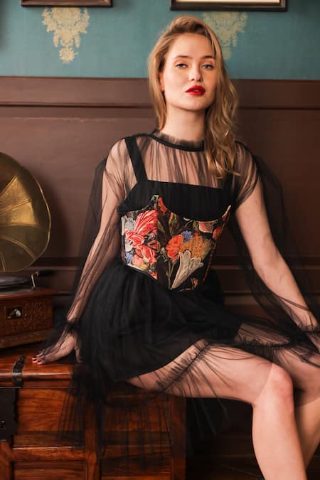 Buy_Label Muslin_Black Crepe, Canvas, Tulle Embroidery High Ruffle Sheer Dress With Floral Corset _Online_at_Aza_Fashions