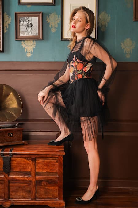 Label Muslin_Black Crepe, Canvas, Tulle Embroidery High Ruffle Sheer Dress With Floral Corset _at_Aza_Fashions