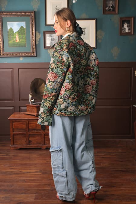 Shop_Label Muslin_Green Cotton, Canvas Embroidery Collared Floral Jacket With Shirt _at_Aza_Fashions