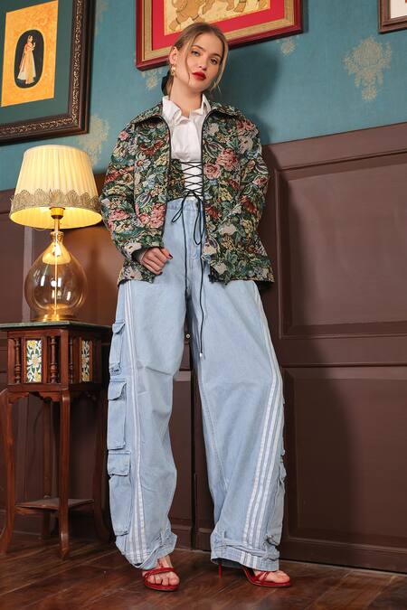 Label Muslin_Green Cotton, Canvas Embroidery Collared Floral Jacket With Shirt _Online_at_Aza_Fashions