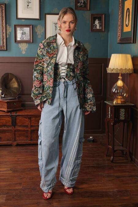 Buy_Label Muslin_Green Cotton, Canvas Embroidery Collared Floral Jacket With Shirt _Online_at_Aza_Fashions