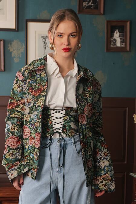 Shop_Label Muslin_Green Cotton, Canvas Embroidery Collared Floral Jacket With Shirt _Online_at_Aza_Fashions
