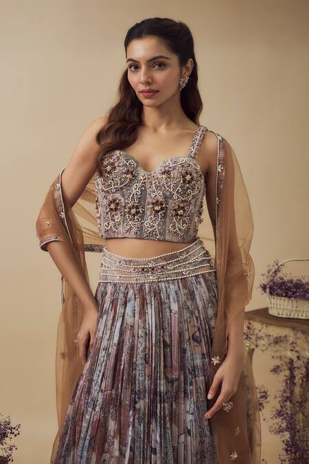 Vana Ethnics Multi Color Chiffon, Linen Pearls, Beads, Abstract Print Gathered Lehenga Set Online at Aza Fashions Vana Ethnics_Multi Color Chiffon, Linen Pearls, Beads, Abstract Print Gathered Lehenga Set _Online_at_Aza_Fashions