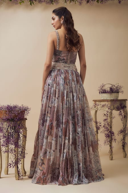 Shop Vana Ethnics Multi Color Chiffon, Linen Pearls, Beads, Abstract Print Gathered Lehenga Set at Aza Fashions Shop_Vana Ethnics_Multi Color Chiffon, Linen Pearls, Beads, Abstract Print Gathered Lehenga Set _at_Aza_Fashions