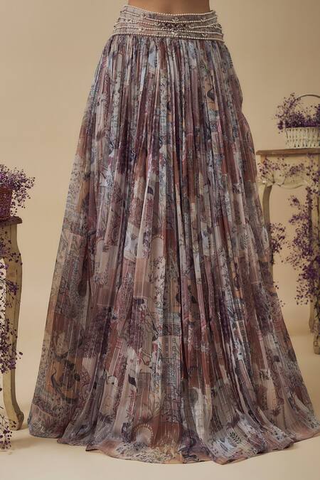 Buy Vana Ethnics Multi Color Chiffon, Linen Pearls, Beads, Abstract Print Gathered Lehenga Set Online at Aza Fashions Buy_Vana Ethnics_Multi Color Chiffon, Linen Pearls, Beads, Abstract Print Gathered Lehenga Set _Online_at_Aza_Fashions