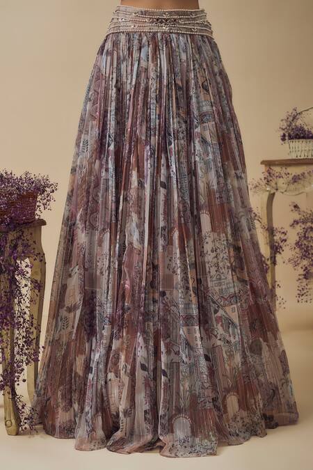 Shop Vana Ethnics Multi Color Chiffon, Linen Pearls, Beads, Abstract Print Gathered Lehenga Set Online at Aza Fashions Shop_Vana Ethnics_Multi Color Chiffon, Linen Pearls, Beads, Abstract Print Gathered Lehenga Set _Online_at_Aza_Fashions