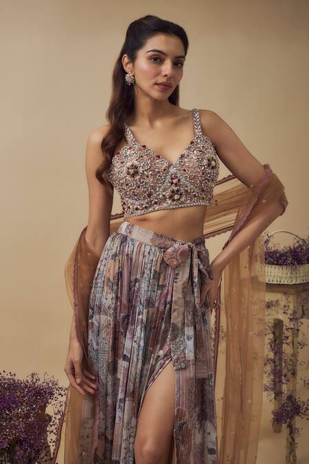 Vana Ethnics_Multi Color Chiffon, Linen Beads, Pearls, Abstract Print Asymmetric Lehenga Set _Online_at_Aza_Fashions