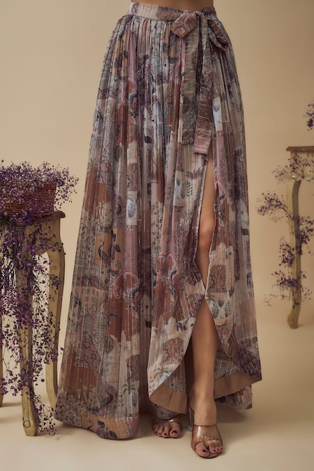 Buy_Vana Ethnics_Multi Color Chiffon, Linen Beads, Pearls, Abstract Print Asymmetric Lehenga Set _Online_at_Aza_Fashions