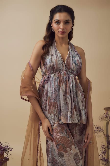 Vana Ethnics_Multi Color Chiffon Pearls, Crystals Abstract Print Peplum Kurta Palazzo Set _Online_at_Aza_Fashions
