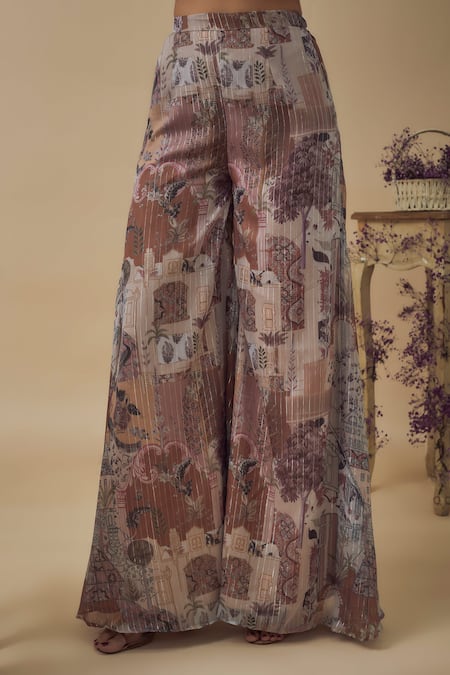 Buy_Vana Ethnics_Multi Color Chiffon Pearls, Crystals Abstract Print Peplum Kurta Palazzo Set _Online_at_Aza_Fashions