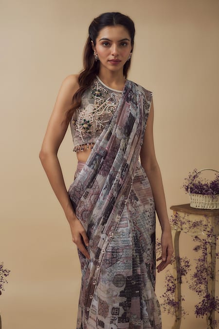 Vana Ethnics_Multi Color Chiffon, Linen, Crepe Abstract Print Pre-draped Saree And Blouse _Online_at_Aza_Fashions