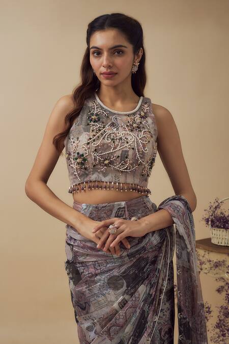 Buy_Vana Ethnics_Multi Color Chiffon, Linen, Crepe Abstract Print Pre-draped Saree And Blouse _Online_at_Aza_Fashions