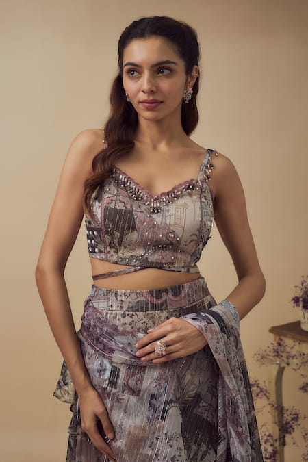 Vana Ethnics_Multi Color Chiffon Beads, Tassels Abstract Print Lehenga Saree With Bustier _Online_at_Aza_Fashions