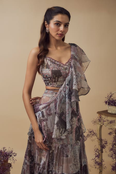 Buy_Vana Ethnics_Multi Color Chiffon Beads, Tassels Abstract Print Lehenga Saree With Bustier _Online_at_Aza_Fashions