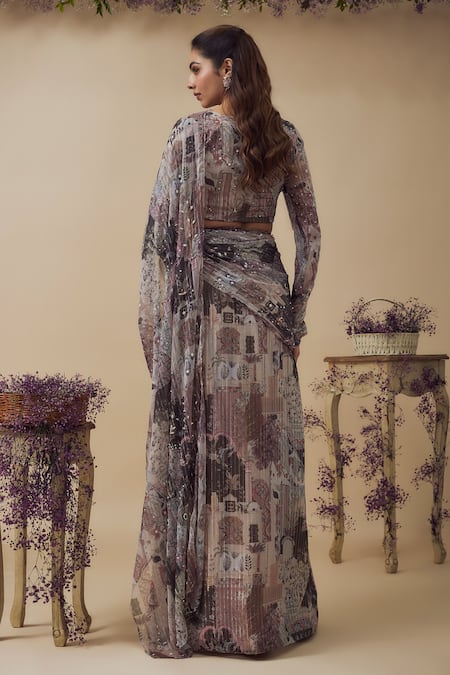 Vana Ethnics Abstract Floral Print Pre-Draped Saree Set 