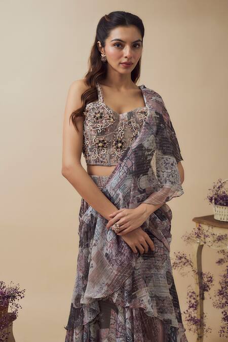 Vana Ethnics_Multi Color Chiffon, Linen Pearls, Printed Pre-draped Ruffle Saree With Blouse _Online_at_Aza_Fashions