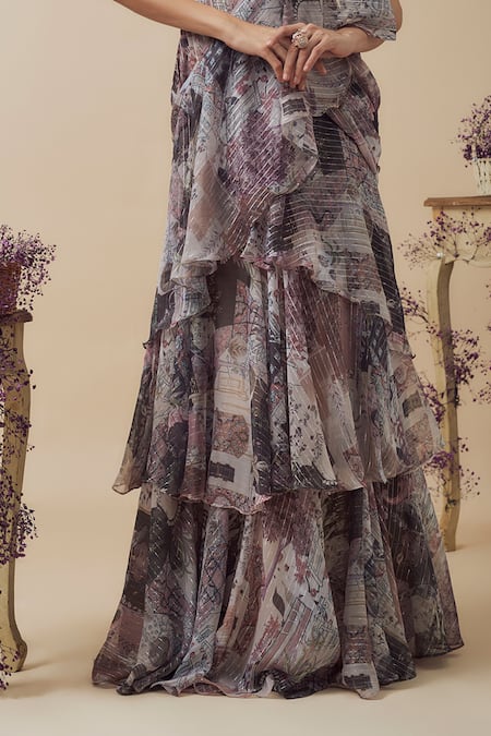 Buy_Vana Ethnics_Multi Color Chiffon, Linen Pearls, Printed Pre-draped Ruffle Saree With Blouse _Online_at_Aza_Fashions