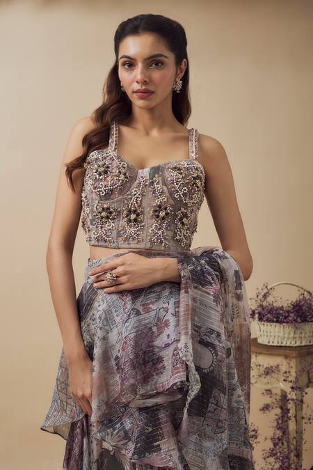 Shop_Vana Ethnics_Multi Color Chiffon, Linen Pearls, Printed Pre-draped Ruffle Saree With Blouse _Online_at_Aza_Fashions