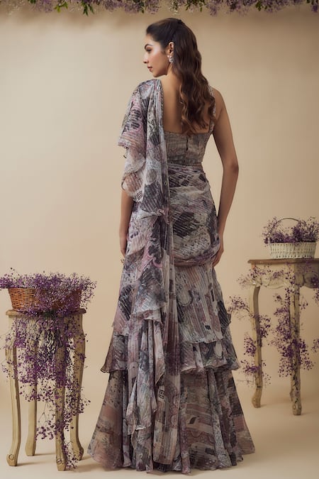 Vana Ethnics Multi Color Printed Pre-Draped Ruffle Saree With Blouse 