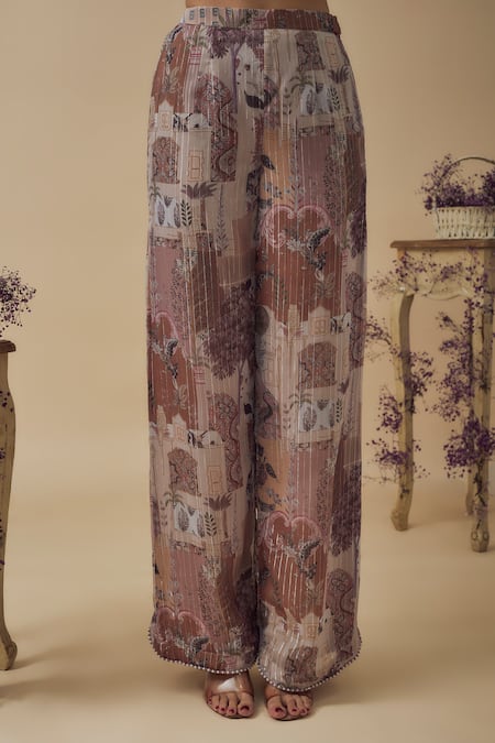 Vana Ethnics_Multi Color Chiffon Pearls, Crystals Split V-neck Abstract Print Tunic Pant Set _Online_at_Aza_Fashions