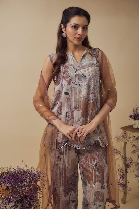 Buy_Vana Ethnics_Multi Color Chiffon Pearls, Crystals Split V-neck Abstract Print Tunic Pant Set _Online_at_Aza_Fashions