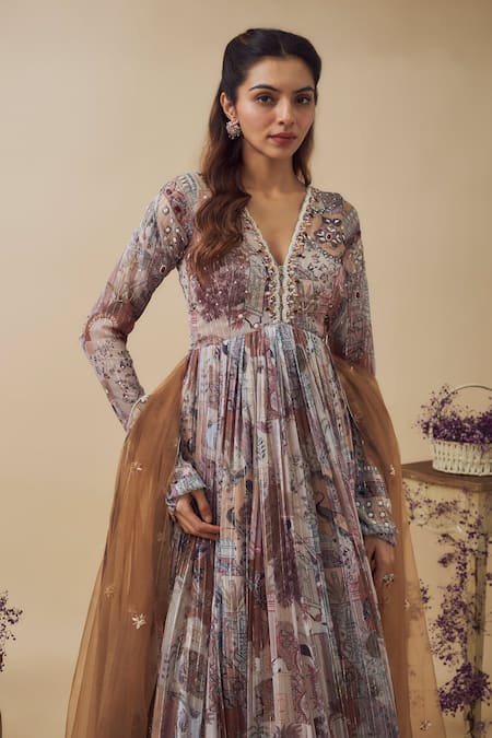 Vana Ethnics_Multi Color Chiffon Beads, Pearls V-neck Abstract Print Anarkali Set _Online_at_Aza_Fashions