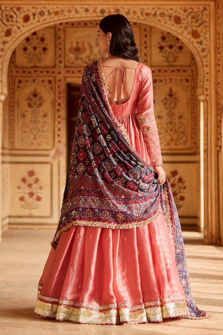 Lashkaraa Zari Embroidered Coral Anarkali Set 