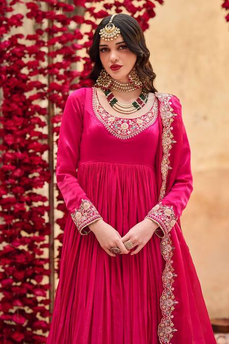 Lashkaraa_Pink Satin, Organza Sequins, Beads, Embroidery Round Neck Floral Anarkali Set_Online_at_Aza_Fashions