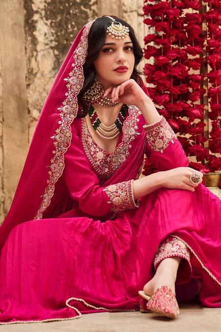 Buy_Lashkaraa_Pink Satin, Organza Sequins, Beads, Embroidery Round Neck Floral Anarkali Set_Online_at_Aza_Fashions