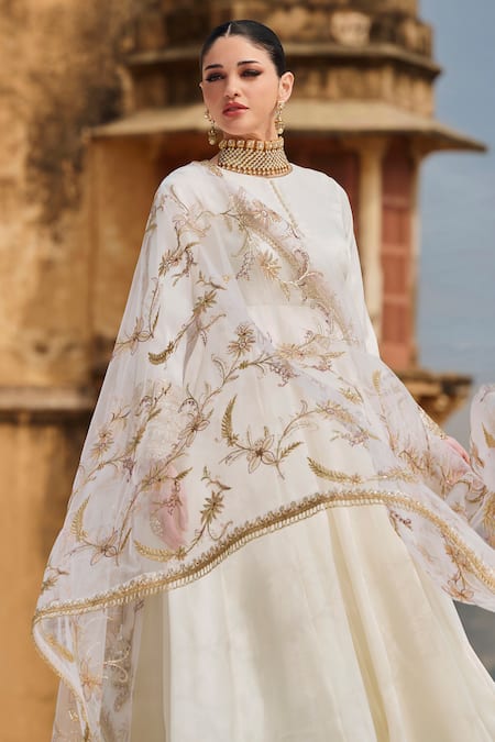 Buy_Lashkaraa_White Silk, Organza Sequins, Zari Round Neck Embroidered Anarkali Pant Set _Online_at_Aza_Fashions