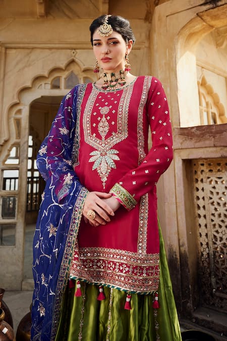 Lashkaraa_Pink Chiffon, Satin, Net Zari, Sequins, Embroidery Floral Kurta Sharara Set_Online_at_Aza_Fashions