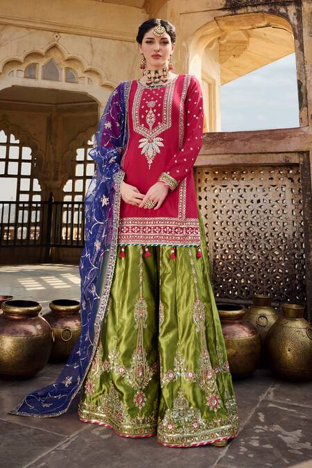 Buy_Lashkaraa_Pink Chiffon, Satin, Net Zari, Sequins, Embroidery Floral Kurta Sharara Set_Online_at_Aza_Fashions