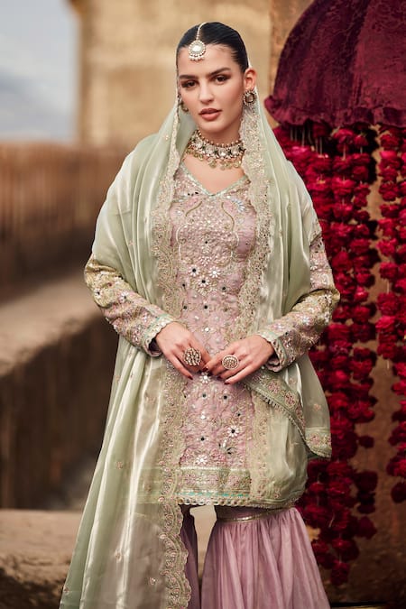 Lashkaraa_Lavender Silk, Organza Sequins, Zari, Embroidery Floral Kurta Gharara Set_Online_at_Aza_Fashions