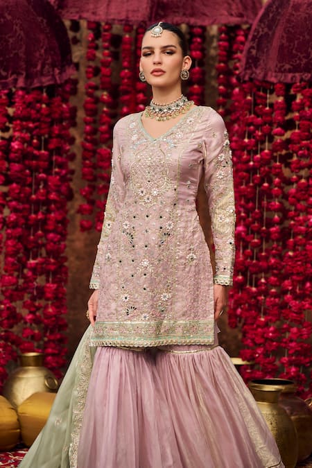 Buy_Lashkaraa_Lavender Silk, Organza Sequins, Zari, Embroidery Floral Kurta Gharara Set_Online_at_Aza_Fashions