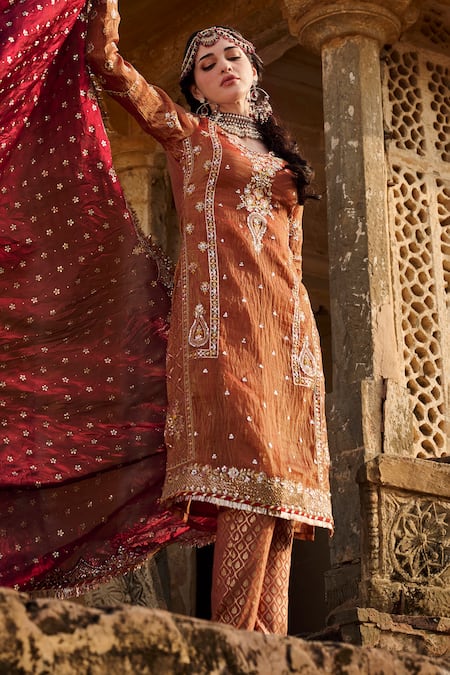 Buy Lashkaraa Brown Silk, Brocade Zari, Sequins V-neck Floral Embroidered Kurta Set Online at Aza Fashions Buy_Lashkaraa_Brown Silk, Brocade Zari, Sequins V-neck Floral Embroidered Kurta Set _Online_at_Aza_Fashions