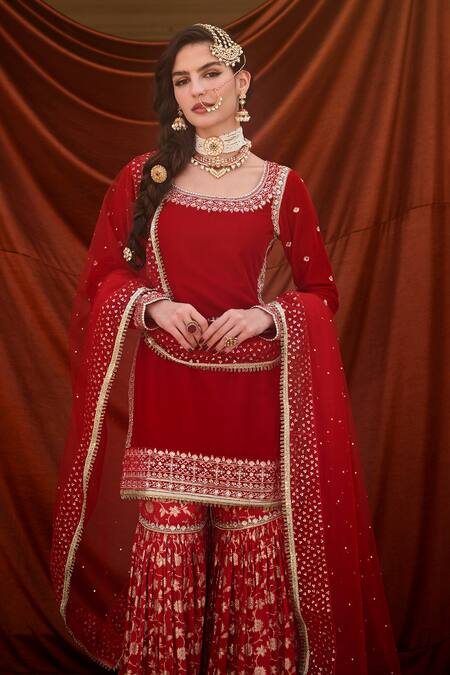 Lashkaraa_Red Velvet, Brocade, Net Embroidery, Sequins, Zari Round Neck Kurta Sharara Set_Online_at_Aza_Fashions