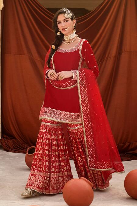 Buy_Lashkaraa_Red Velvet, Brocade, Net Embroidery, Sequins, Zari Round Neck Kurta Sharara Set_Online_at_Aza_Fashions