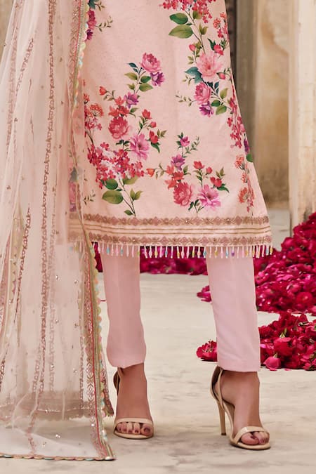 Buy_Lashkaraa_Pink Crepe, Silk, Net Sequins, Beads Round Floral Embroidered Kurta Pant Set _Online_at_Aza_Fashions