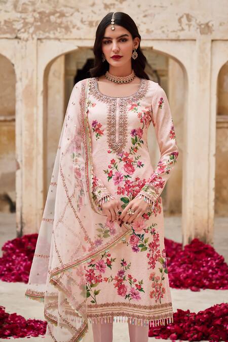 Shop_Lashkaraa_Pink Crepe, Silk, Net Sequins, Beads Round Floral Embroidered Kurta Pant Set _Online_at_Aza_Fashions