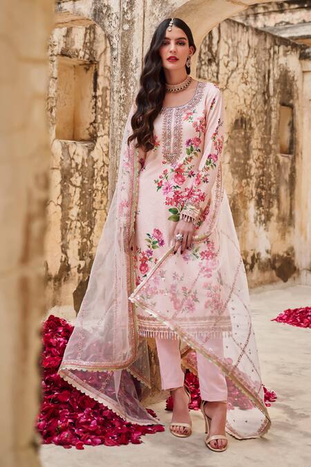 Lashkaraa_Pink Crepe, Silk, Net Sequins, Beads Round Floral Embroidered Kurta Pant Set _at_Aza_Fashions