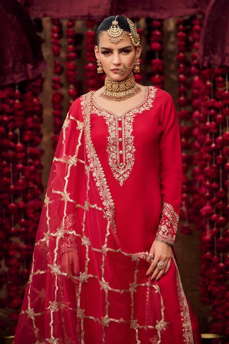 Lashkaraa_Red Satin, Net Zari, Sequins Asymmetric Floral Embroidered Kurta Set_Online_at_Aza_Fashions